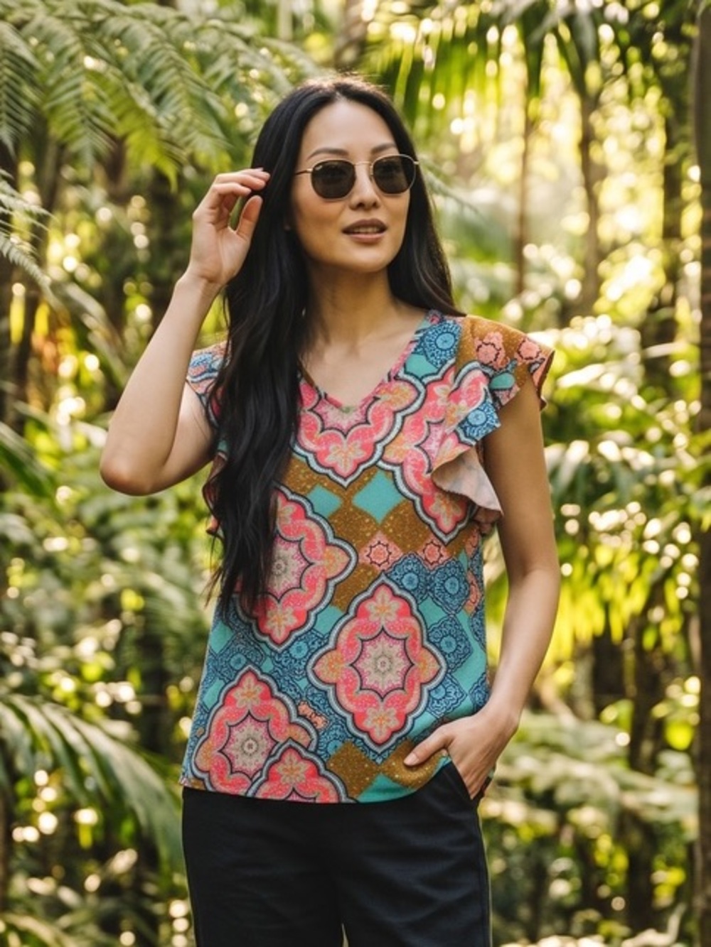 Pomelo Teal Floral Tile-Print Ruffle Sleeve Top